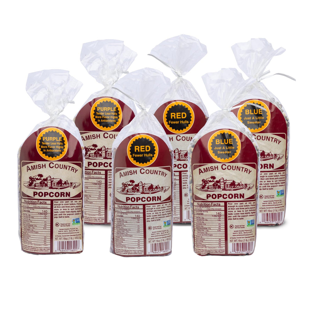 Amish Country Popcorn front packaging showing six 1 lb bags and variety benefit
