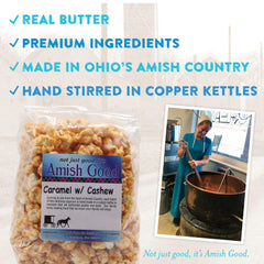 Amish Good popcorn mixed with cashews showing crunchy nuts and buttery caramel balance
