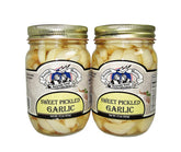 Amish Wedding front packaging showing two jars of sweet pickled garlic, appealing ready-to-eat condiment