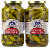 Amish Wedding hot pickled okra front packaging showing two jars and bold flavor