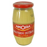 Amora Dijon front jar showing label and red lid, clear pantry benefit
