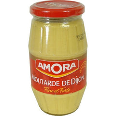 Amora Dijon mustard glass jar front view showing label and jar for easy identification and storage