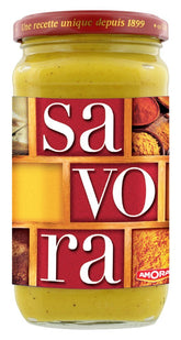Amora Savora jar front label showing 385g and French origin for bold flavor