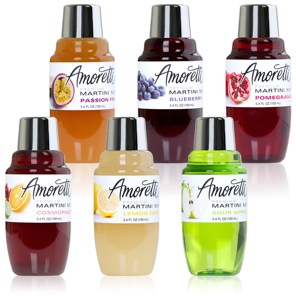 Amoretti front packaging of mini martini mixes showing six bottles and label clarity benefiting instant cocktail prep