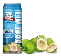 Amy & Brian open carton revealing coconut water inside, highlighting freshness and purity