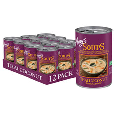 Amy's front of can showing Tom Kha Phak label and serving suggestion benefit convenience