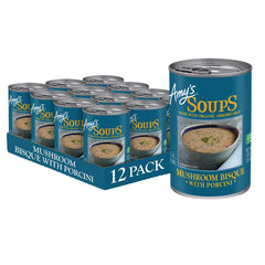 Amy's front can showing mushroom bisque and pack details for easy pantry choice
