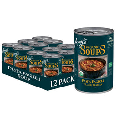 Amy's front can showing organic classic Italian Pasta Fagioli, convenient pantry meal