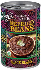 Amy's front packaging of refried black beans showing organic label and convenience