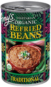 Amy's front packaging showing organic label and traditional refried beans benefit convenience