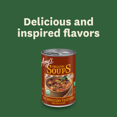 Amy's soup poured into bowl ready to eat, emphasizes comforting quick meal