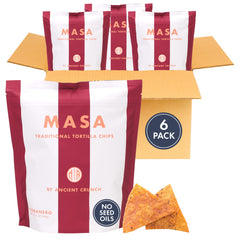 Ancient Crunch front packaging showing six 5 oz MASA Cobanero bags and brand