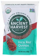 Ancient Harvest front packaging showing Inca Red quinoa and benefits