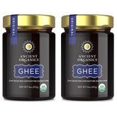Ancient Organics ghee front packaging showing jar and product benefit rich flavor