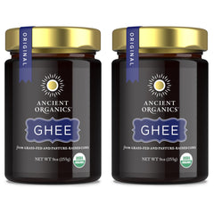 Ancient Organics ghee front packaging showing jar and product benefit rich flavor