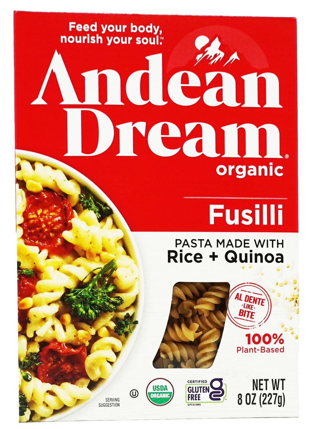 Andean Dream front packaging showing organic quinoa fusilli and benefits
