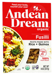 Andean Dream front packaging showing organic quinoa fusilli and benefits