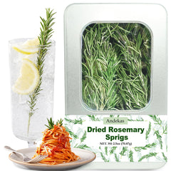 Andekas clear-window tin showing whole rosemary sprigs for visible freshness