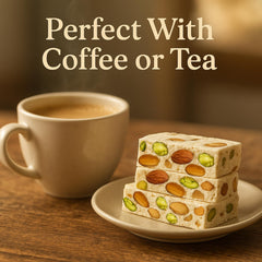 ANDY ANAND sliced nougat on serving board paired with coffee for sharing