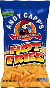 Andy Capp's front packaging shows 3 oz bag and benefits for easy grab-and-go