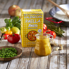 Aneto paella base carton close-up of ingredient and origin label for transparency