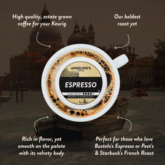 Angelino's Coffee brewed espresso shot in demitasse showing crema and rich color