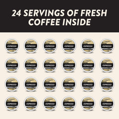 Angelino's Coffee pods spread with a ruler showing single-serve scale and convenience