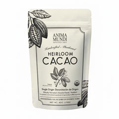 Anima Mundi front packaging showing organic heirloom cacao and provenance benefits