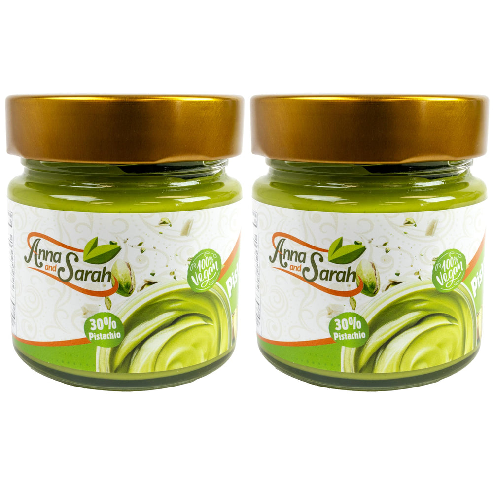 Anna and Sarah pistachio cream front jars showing elegant glass packaging and freshness