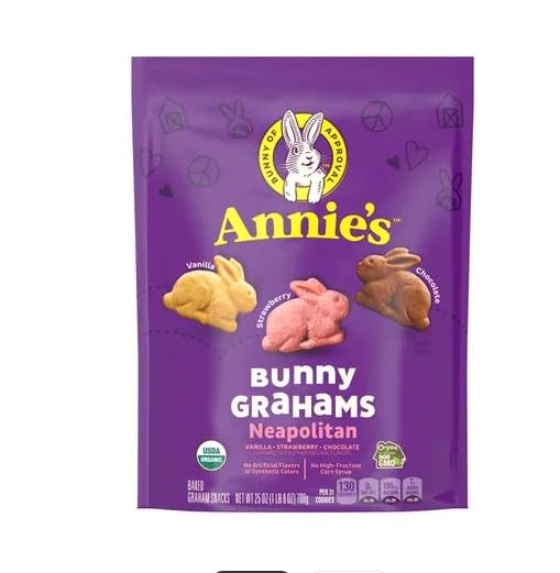 Annie's front packaging of bunny grahams showing resealable pouch and tricolor flavors
