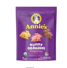 Annie's front packaging of bunny grahams showing resealable pouch and tricolor flavors