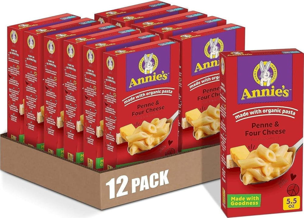 Annie's front packaging showing organic penne cups and family-friendly branding with shelf-ready convenience