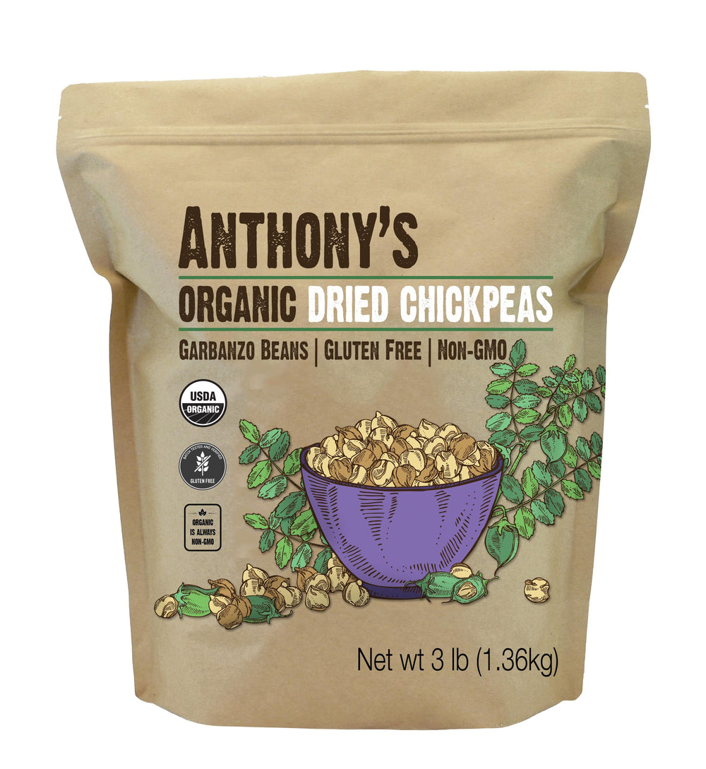 Anthony's front packaging of 3 lb organic chickpeas showing label benefits