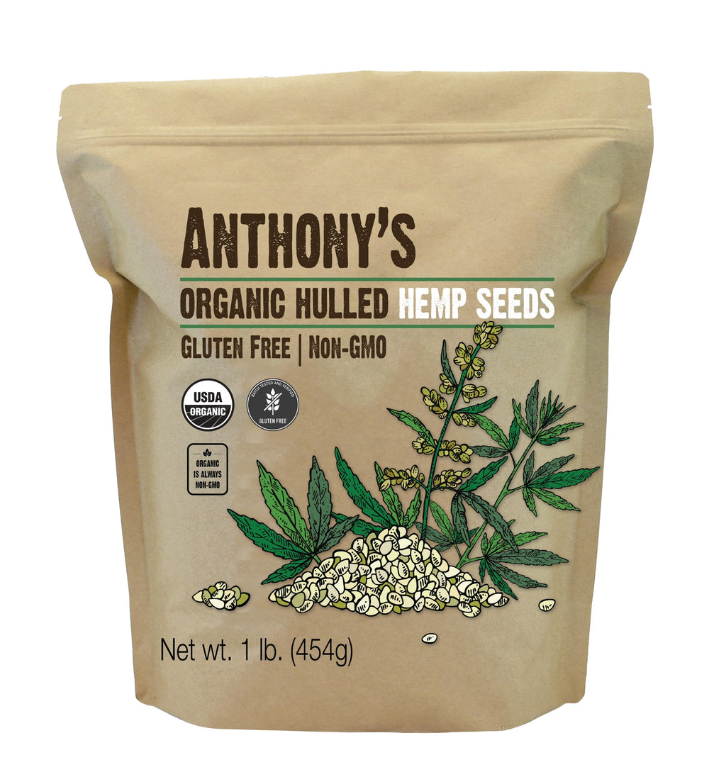 Anthony's front packaging of organic hulled hemp seeds showing label benefits