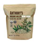Anthony's front packaging of organic hulled hemp seeds showing label benefits