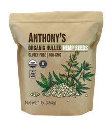 Anthony's front packaging of organic hulled hemp seeds showing label benefits