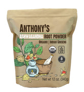 Anthony's front pack showing 12 oz organic ashwagandha, clear labeling benefit convenience