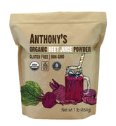 Anthony's front packaging of beet root juice powder shows organic labeling and size benefit