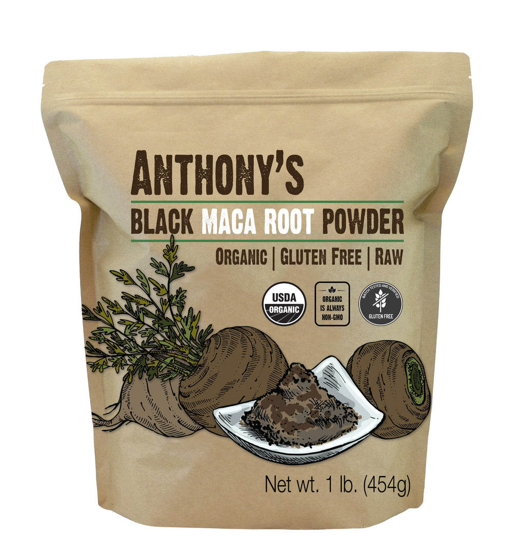 Anthony's front packaging showing 1 lb organic black maca powder for pantry convenience
