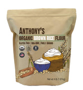 Anthony's brown rice flour front packaging showing 4 pound bag and USDA organic badge for pantry-ready supply