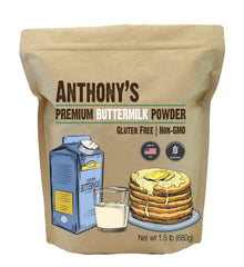 Anthony's front packaging of 1.5 lb buttermilk powder showing product name and size, convenient storage