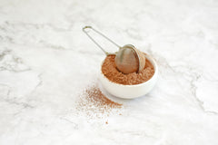 Spring-loaded spoon with Anthony's cocoa demonstrating even pour and no clumps