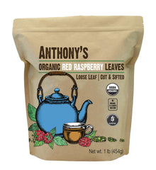Anthony's front packaging of 1 lb red raspberry leaves showing organic label and benefits