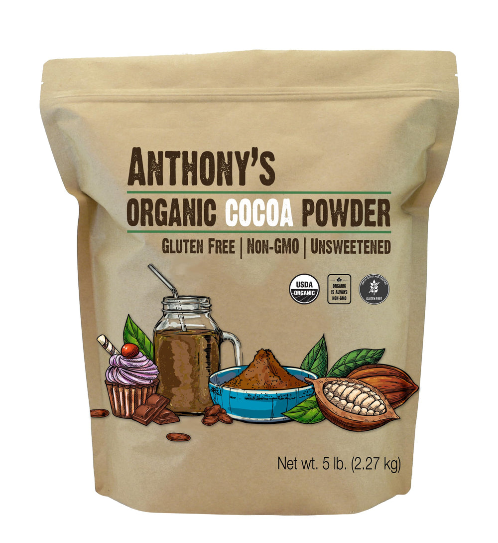Anthony's front packaging showing 5 lb organic cocoa for baking convenience