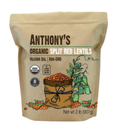 Anthony's front packaging showing 2 lb organic split red lentils for pantry convenience