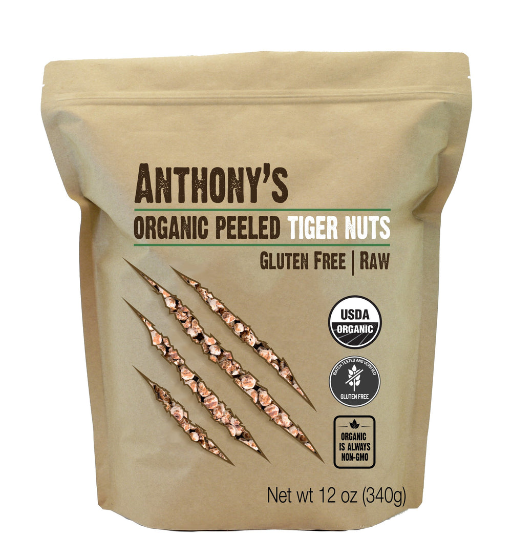 Anthony's front package of peeled tiger nuts showing organic label and size