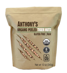 Anthony's front package of peeled tiger nuts showing organic label and size