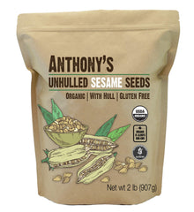 Anthony's front package of 2 lb unhulled sesame seeds showing label and organic claim