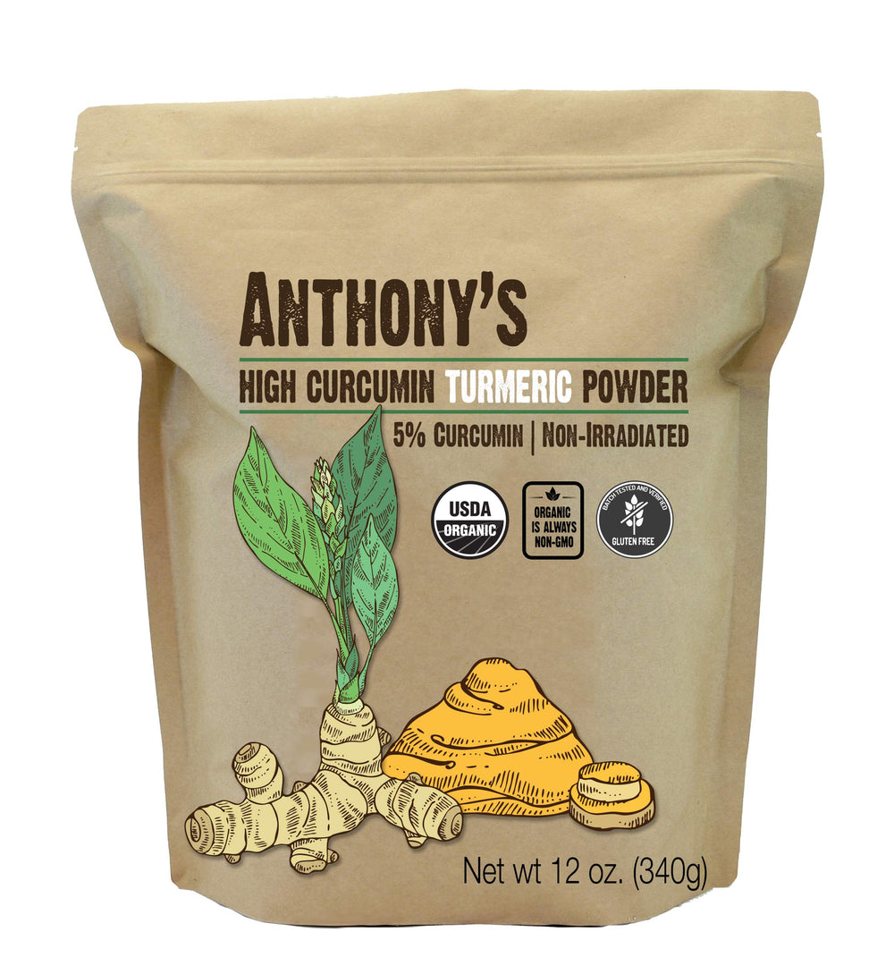 Anthony's front packaging showing organic turmeric and labeling benefits