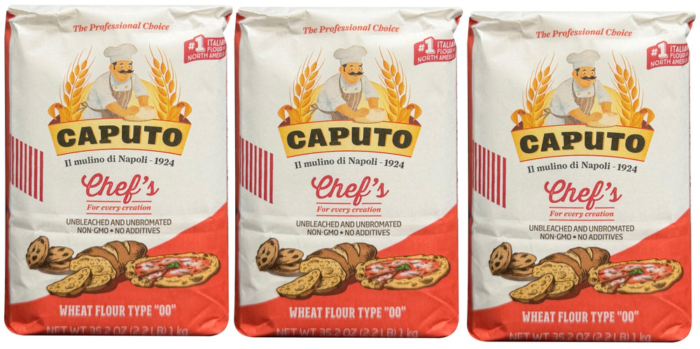 Antimo Caputo front packaging showing three 2.2 lb bags and clear branding for authentic supply